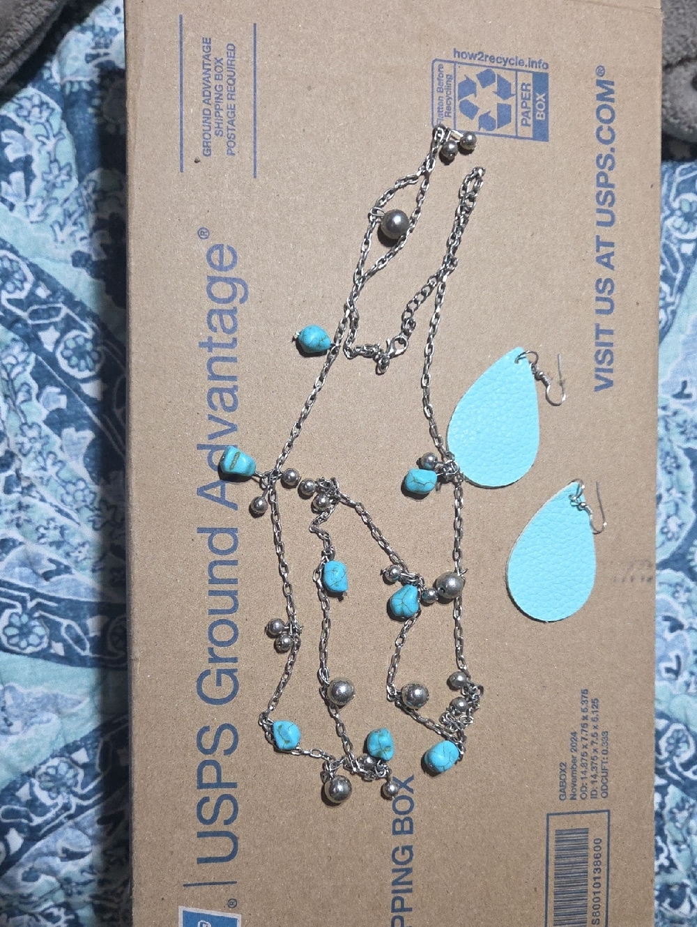 Turquoise Bead Multi-Strand Necklace with Teardrop Earrings
